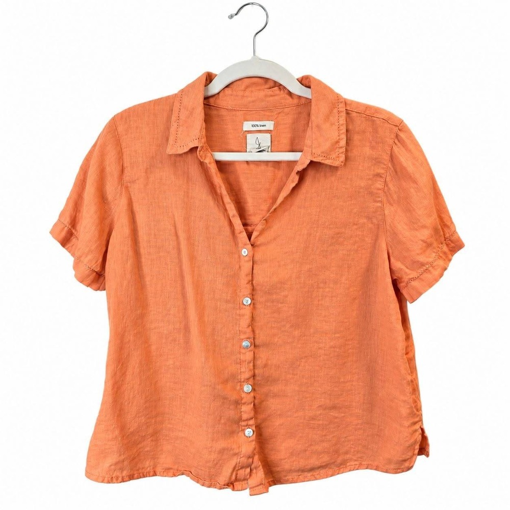 Joie Button Down Women Medium Orange 100% Linen Short Sleeve Ladder Stitch Top